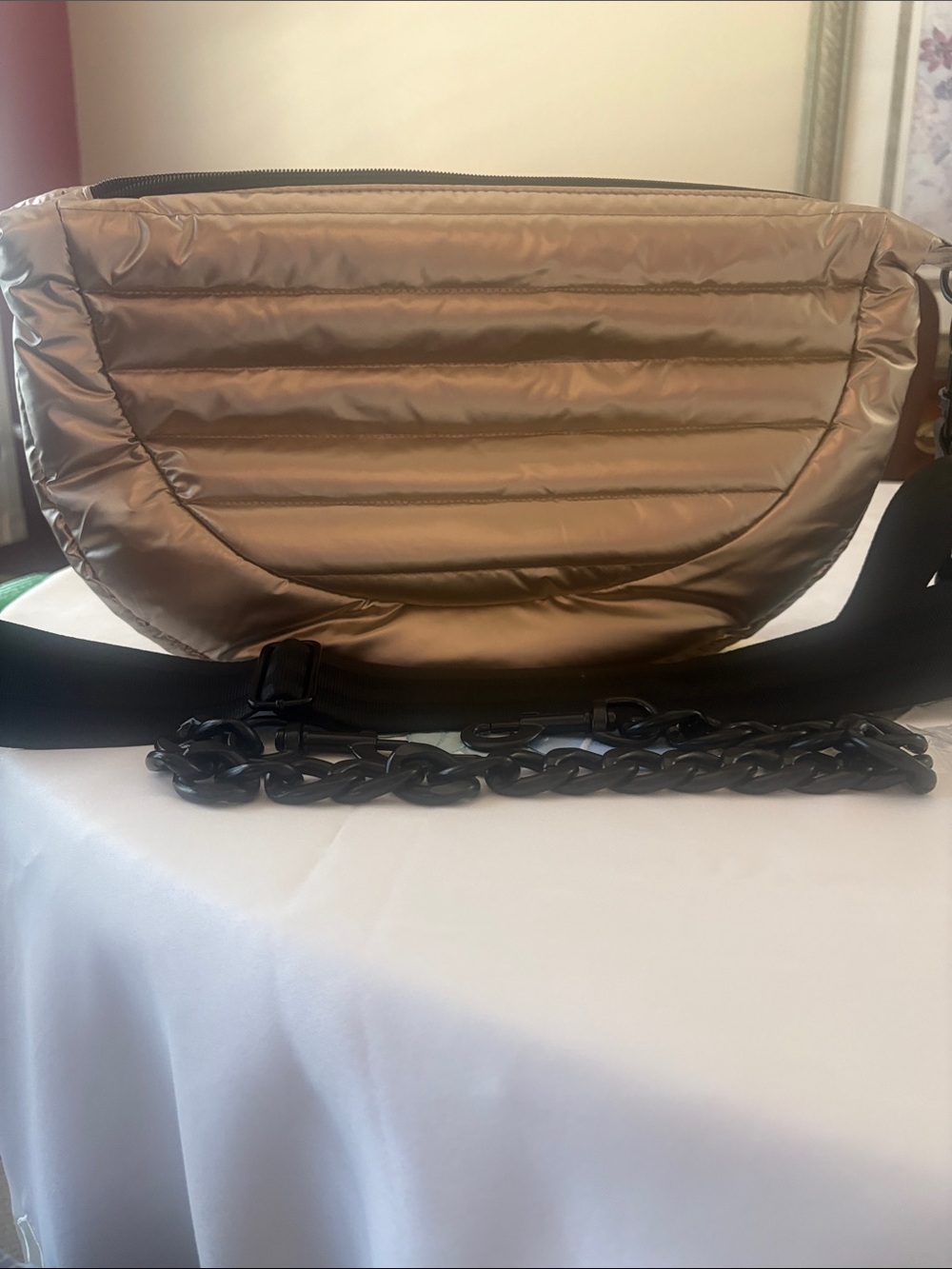 THINK ROYLN Metallic Bronze Quilted Hobo Bag with Black Chain Strap